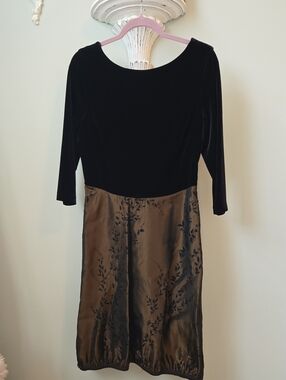 Black Velvet and Brown Satin Floral Sheath Dress